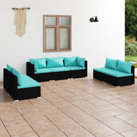 Set de muebles de jardín 7 pzas y cojines ratán sintético negro de vidaXL, Conjuntos de jardín - Ref: Foro24-3102233, Precio:...