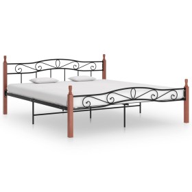 Solid oak wood bed frame black metal 200x200 cm by vidaXL, Beds and slatted bases - Ref: Foro24-324910, Price: 180,99 €, Disc...