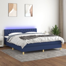 Box spring bed with mattress and LED blue fabric 160x200 cm by vidaXL, Beds and slatted bases - Ref: Foro24-3133971, Price: 5...