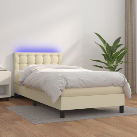 Box spring bed and LED mattress cream synthetic leather 90x200 cm by vidaXL, Beds and slatted bases - Ref: Foro24-3134203, Pr...