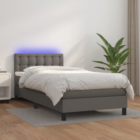 Box spring bed and LED mattress gray synthetic leather 90x200 cm by vidaXL, Beds and slatted bases - Ref: Foro24-3134205, Pri...