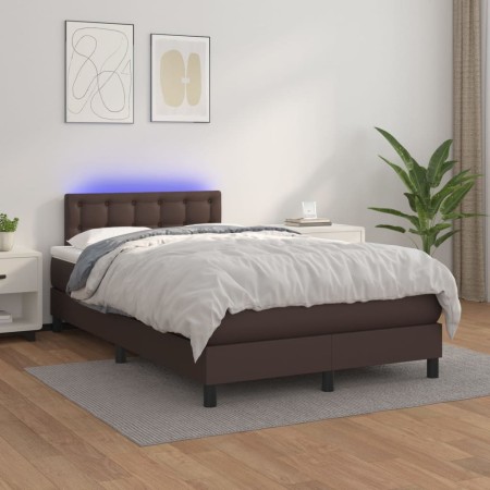 Box spring bed with mattress and LED brown synthetic leather 120x200 cm by vidaXL, Beds and slatted bases - Ref: Foro24-31342...