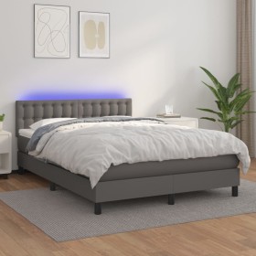 Box spring bed with mattress and LED gray synthetic leather 140x190 cm by vidaXL, Beds and slatted bases - Ref: Foro24-313422...