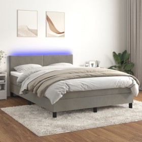 Box spring bed with mattress and LED light gray velvet 140x190 cm by vidaXL, Beds and slatted bases - Ref: Foro24-3134279, Pr...