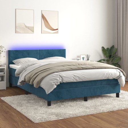 Box spring bed with mattress and LED dark blue velvet 140x200 cm by vidaXL, Beds and slatted bases - Ref: Foro24-3134289, Pri...