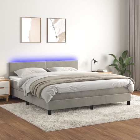 Box spring bed with mattress and LED light gray velvet 160x200 cm by vidaXL, Beds and slatted bases - Ref: Foro24-3134291, Pr...