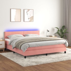 Box spring bed with mattress and LED pink velvet 160x200 cm by vidaXL, Beds and slatted bases - Ref: Foro24-3134296, Price: 5...