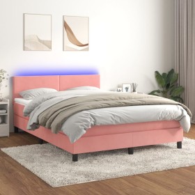 Box spring bed with mattress and LED pink velvet 140x200 cm by vidaXL, Beds and slatted bases - Ref: Foro24-3134290, Price: 4...