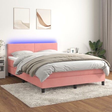 Cama box spring colchón y LED terciopelo rosa 140x200 cm de vidaXL, Camas y somieres - Ref: Foro24-3134290, Precio: 442,44 €,...