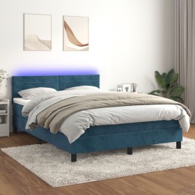 Box spring bed with mattress and LED dark blue velvet 140x200 cm by vidaXL, Beds and slatted bases - Ref: Foro24-3134469, Pri...