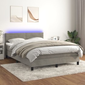 Box spring bed with mattress and LED light gray velvet 140x190 cm by vidaXL, Beds and slatted bases - Ref: Foro24-3134459, Pr...