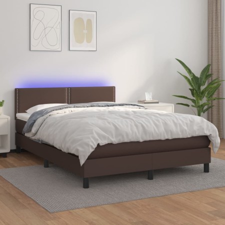 Box spring bed with mattress and LED brown synthetic leather 140x200 cm by vidaXL, Beds and slatted bases - Ref: Foro24-31341...