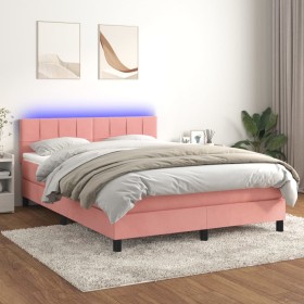 Box spring bed with mattress and LED pink velvet 140x190 cm by vidaXL, Beds and slatted bases - Ref: Foro24-3134404, Price: 4...