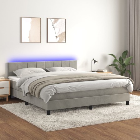 Box spring bed with mattress and LED light gray velvet 180x200 cm by vidaXL, Beds and slatted bases - Ref: Foro24-3134417, Pr...