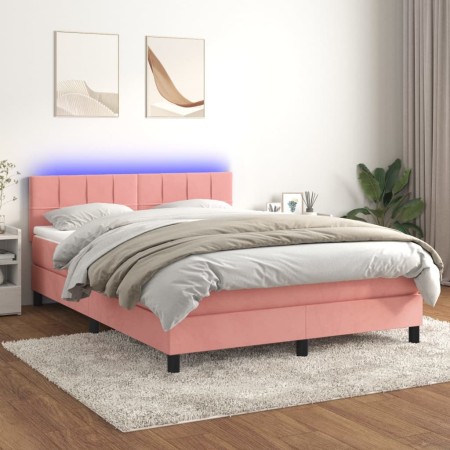 Cama box spring colchón y LED terciopelo rosa 140x200 cm de vidaXL, Camas y somieres - Ref: Foro24-3134410, Precio: 435,72 €,...