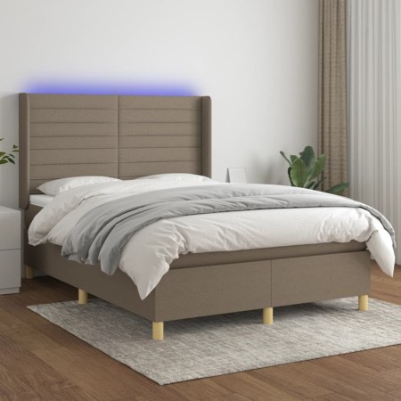 Boxspringbett mit Matratze und LED-Leuchten taupegrauer Stoff 140x200 cm von vidaXL, Betten und Lattenroste - Ref: Foro24-313...