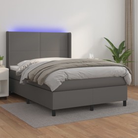 Box spring bed with mattress and LED gray synthetic leather 140x200 cm by vidaXL, Beds and slatted bases - Ref: Foro24-313926...