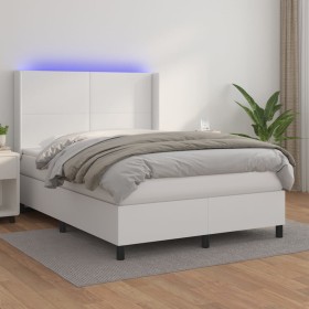 Box spring bed with mattress and LED white synthetic leather 140x190 cm by vidaXL, Beds and slatted bases - Ref: Foro24-31392...