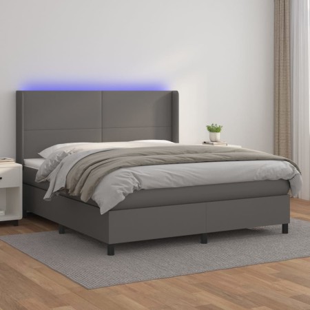 Box spring bed with mattress and LED gray synthetic leather 180x200 cm by vidaXL, Beds and slatted bases - Ref: Foro24-313928...