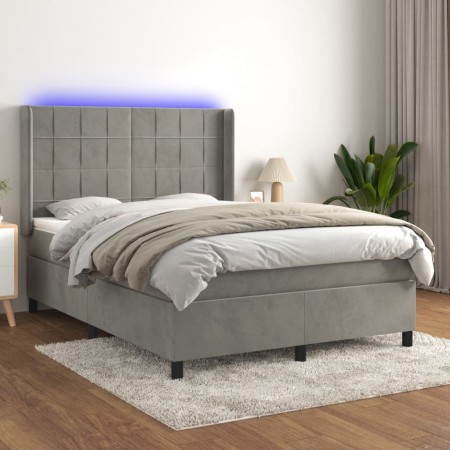 Box spring bed with mattress and LED light gray velvet 140x190 cm by vidaXL, Beds and slatted bases - Ref: Foro24-3139559, Pr...