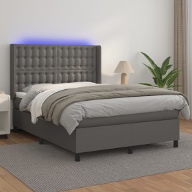 Box spring bed with mattress and LED gray synthetic leather 140x190 cm by vidaXL, Beds and slatted bases - Ref: Foro24-313938...