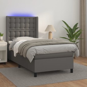 Box spring bed and LED mattress gray synthetic leather 90x200 cm by vidaXL, Beds and slatted bases - Ref: Foro24-3139365, Pri...