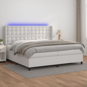 Box spring bed with mattress and LED white synthetic leather 200x200 cm by vidaXL, Beds and slatted bases - Ref: Foro24-31394...