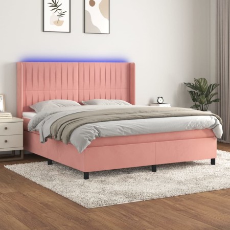 Box spring bed with mattress and LED pink velvet 180x200 cm by vidaXL, Beds and slatted bases - Ref: Foro24-3139702, Price: 6...