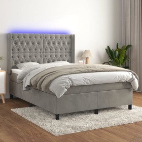 Box spring bed with mattress and LED light gray velvet 140x190 cm by vidaXL, Beds and slatted bases - Ref: Foro24-3139739, Pr...