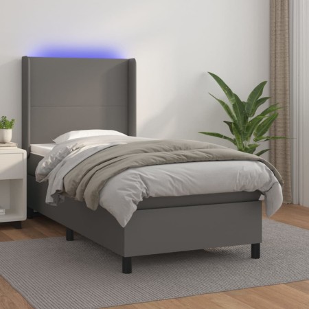 Box spring bed with mattress and LED gray synthetic leather 100x200 cm by vidaXL, Beds and slatted bases - Ref: Foro24-313925...