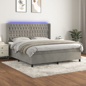 Box spring bed with mattress and LED light gray velvet 180x200 cm by vidaXL, Beds and slatted bases - Ref: Foro24-3139757, Pr...