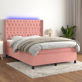 Cama box spring colchón y LED terciopelo rosa 140x200 cm de vidaXL, Camas y somieres - Ref: Foro24-3139750, Precio: 564,24 €,...