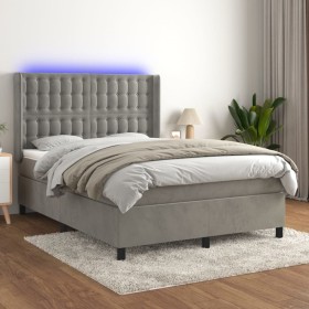 Box spring bed with mattress and LED light gray velvet 140x190 cm by vidaXL, Beds and slatted bases - Ref: Foro24-3139799, Pr...