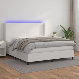 Box spring bed with mattress and LED white synthetic leather 180x200 cm by vidaXL, Beds and slatted bases - Ref: Foro24-31392...