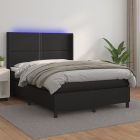 Box spring bed with mattress and LED black synthetic leather 140x190 cm by vidaXL, Beds and slatted bases - Ref: Foro24-31393...