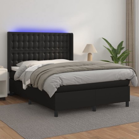 Box spring bed with mattress and LED black synthetic leather 140x190 cm by vidaXL, Beds and slatted bases - Ref: Foro24-31393...