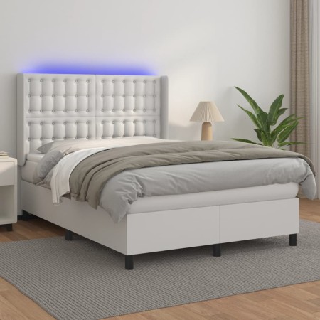 Cama box spring colchón y LED cuero sintético blanco 140x190 cm de vidaXL, Camas y somieres - Ref: Foro24-3139380, Precio: 58...