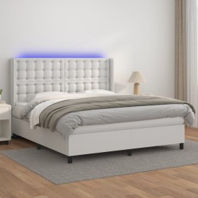 Box spring bed with mattress and LED white synthetic leather 180x200 cm by vidaXL, Beds and slatted bases - Ref: Foro24-31393...