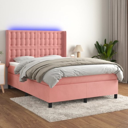 Cama box spring colchón y LED terciopelo rosa 140x200 cm de vidaXL, Camas y somieres - Ref: Foro24-3139810, Precio: 561,25 €,...