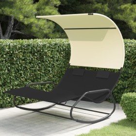 Tumbona mecedora doble con toldo negro y crema de vidaXL, Tumbonas - Ref: Foro24-317587, Precio: 209,31 €, Descuento: %