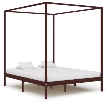 Dark brown solid pine wood canopy bed 160x200 cm by vidaXL, Beds and slatted bases - Ref: Foro24-283272, Price: 245,56 €, Dis...