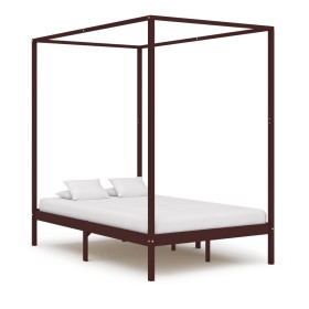 Dark brown solid pine wood canopy bed 140x200 cm by vidaXL, Beds and slatted bases - Ref: Foro24-283271, Price: 225,36 €, Dis...