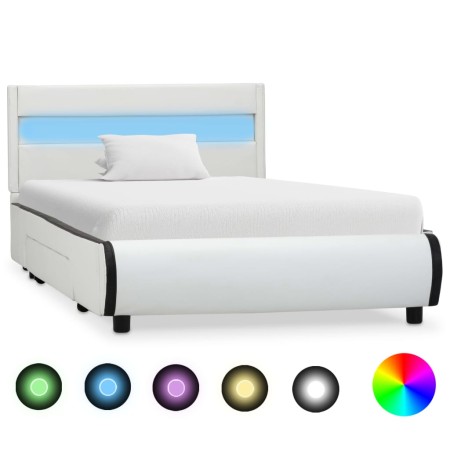 Estructura cama con LED cuero sintético blanco 100x200 cm de vidaXL, Camas y somieres - Ref: Foro24-284967, Precio: 247,99 €,...