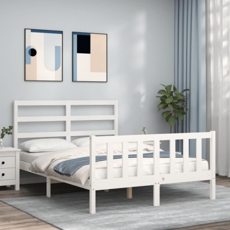 White solid wood bed frame with headboard 140x190 cm by vidaXL, Beds and slatted bases - Ref: Foro24-3191887, Price: 120,47 €...