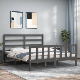 Gray solid wood bed frame with headboard 160x200 cm by vidaXL, Beds and slatted bases - Ref: Foro24-3191918, Price: 150,99 €,...