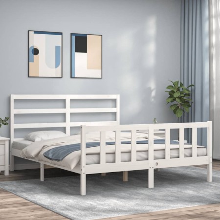 White solid wood bed frame with headboard 160x200 cm by vidaXL, Beds and slatted bases - Ref: Foro24-3191917, Price: 143,25 €...