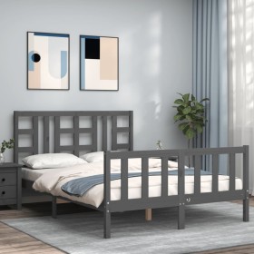 Double bed frame with gray solid wood headboard by vidaXL, Beds and slatted bases - Ref: Foro24-3191948, Price: 147,99 €, Dis...