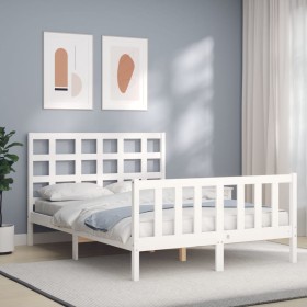 Double bed frame with white solid wood headboard by vidaXL, Beds and slatted bases - Ref: Foro24-3192072, Price: 139,99 €, Di...