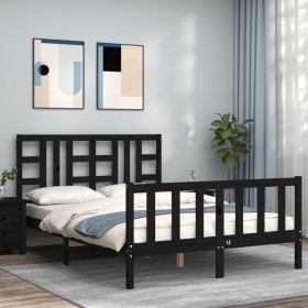 Estructura cama de matrimonio con cabecero madera maciza negro de vidaXL, Camas y somieres - Ref: Foro24-3191980, Precio: 192...