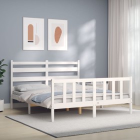 Double bed frame with white solid wood headboard by vidaXL, Beds and slatted bases - Ref: Foro24-3192042, Price: 138,47 €, Di...